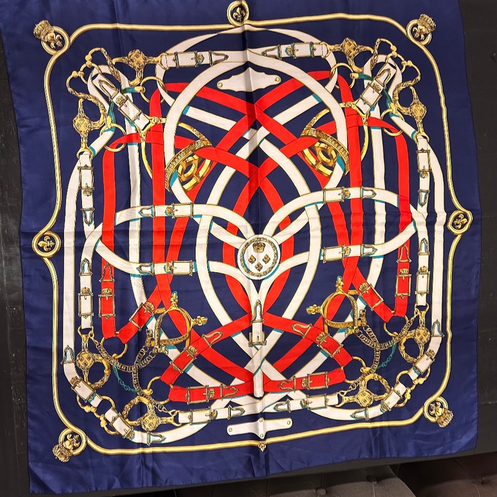 Luxury Scarf Navy Red Gold Equestrian Chain | Designer Inspired Square Scarf